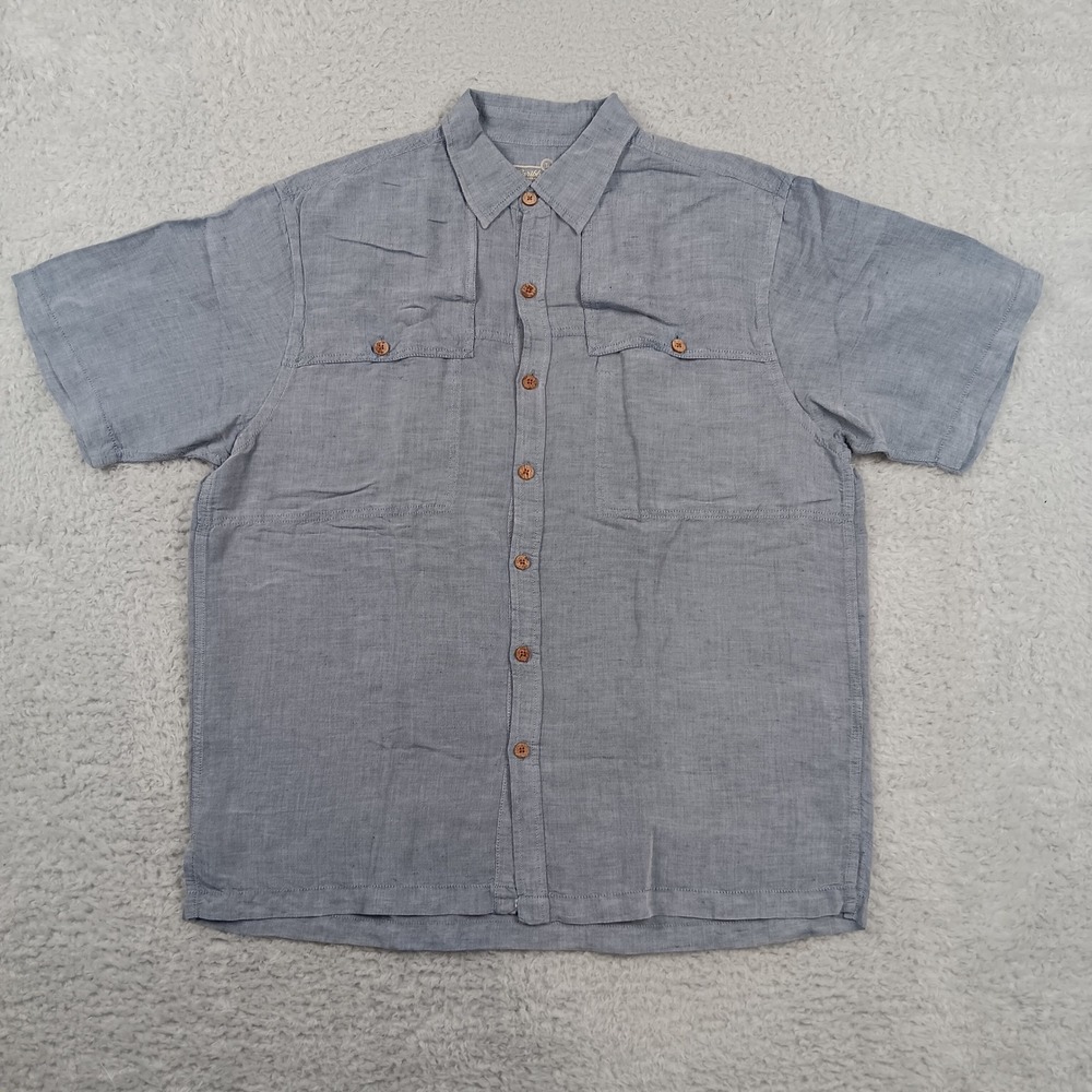 Caribbean Button Front Shirt Mens Large Blue Linen Blend Short Sleeve Tropical